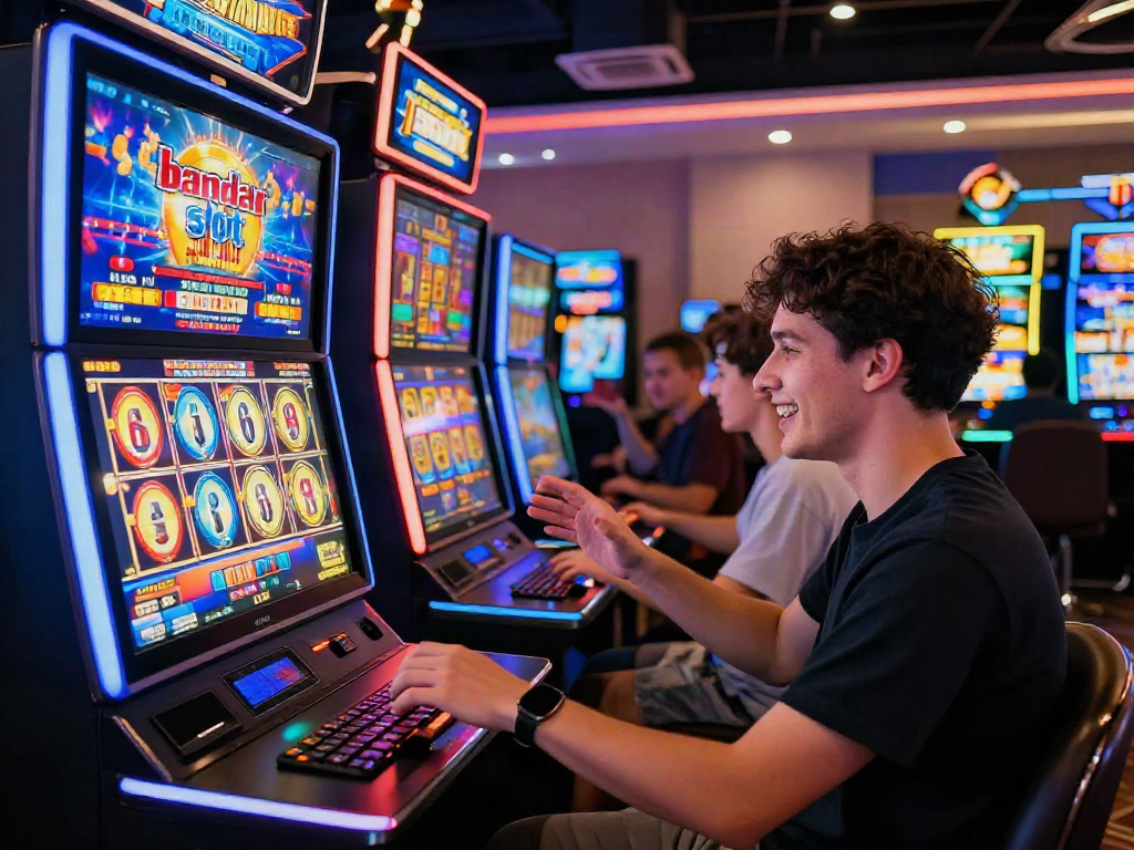 Exciting bandar slot gaming scene with a player spinning colorful digital slot machines in a lively casino atmosphere.