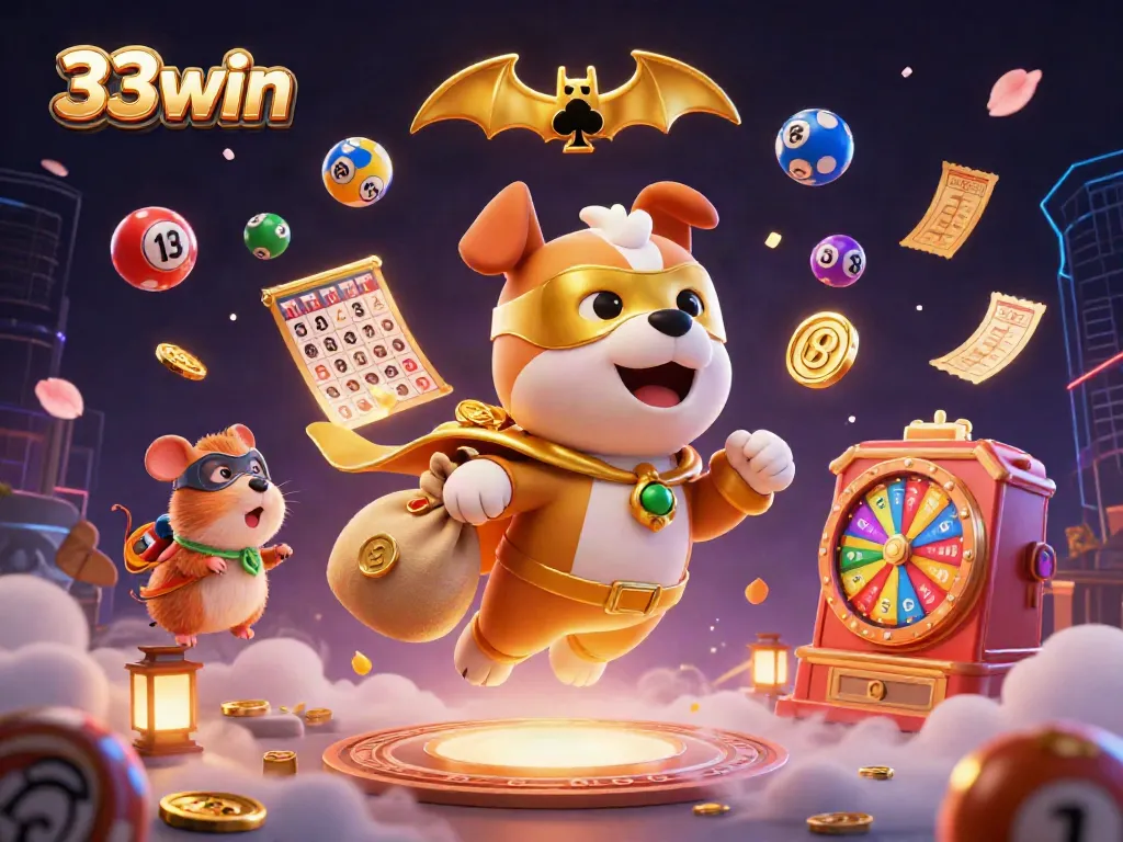 Experience the excitement at 33win with a superhero dog flying through a colorful casino scene.