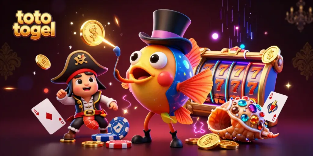 Engage in thrilling toto togel action with cartoon anglerfish, shrimp, and sea snail amidst casino elements.