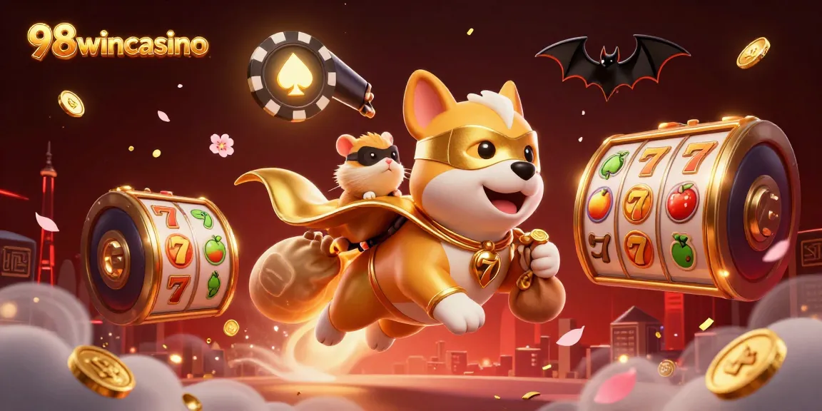 98wincasino illustrates a superhero dog and hamster amidst slot reels and dynamic casino elements.