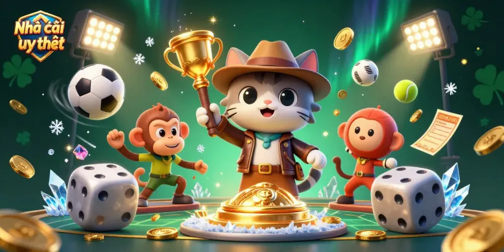 Engaging artwork showcasing Nhà cái uy tín, a cartoon archaeologist cat and monkey discovering casino treasures in a vibrant scene.