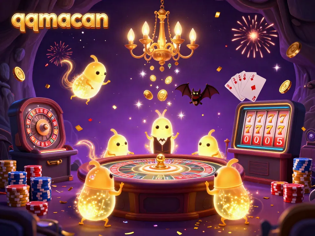 Experience the excitement of qqmacan with glowing characters and vibrant casino elements lighting up the game.