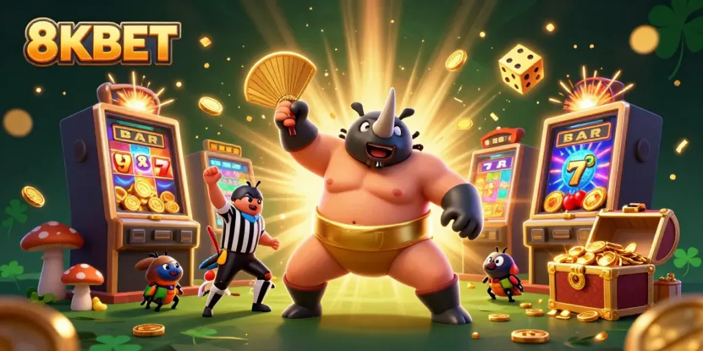 Experience the thrill of winning at 8KBET with the sumo champion beetle amidst golden coins and vibrant casino elements.