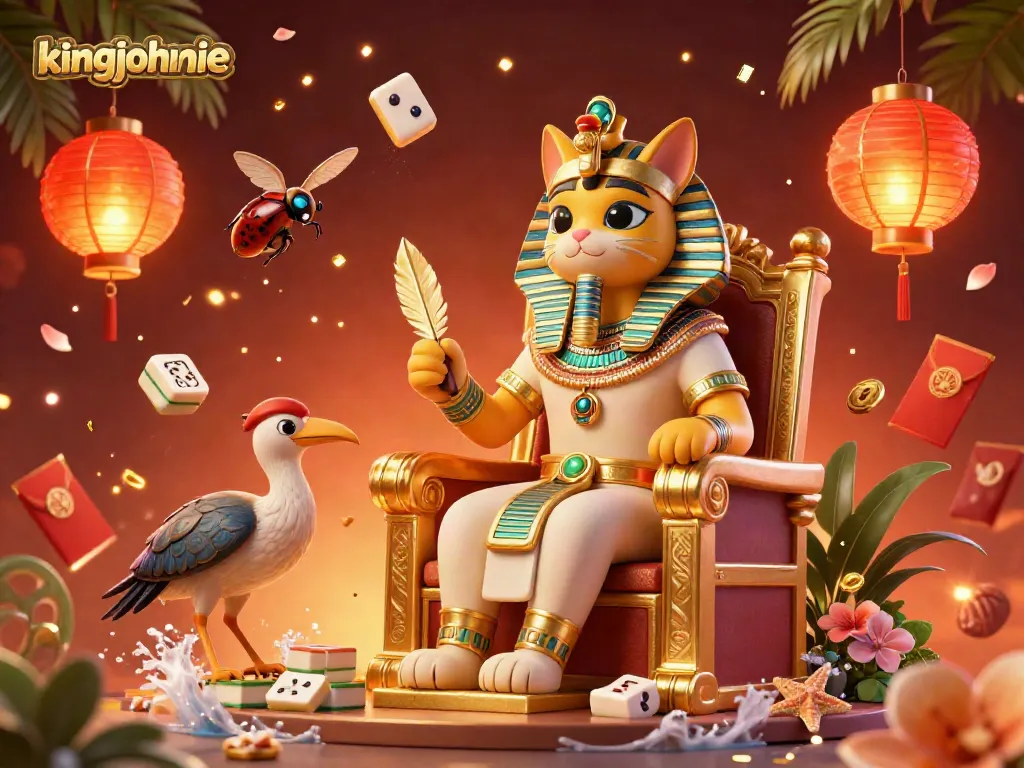 Experience kingjohnnie's vibrant casino world with an Egyptian-themed illustration full of dynamic gaming elements.
