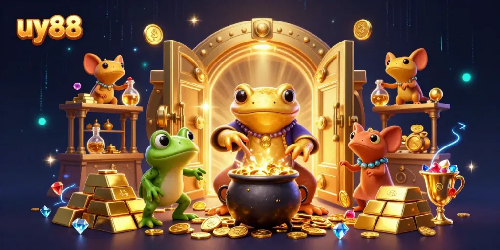 uy88 showcases a mystical alchemist and his helpers transforming base metals into gold, embodying the excitement of gambling.