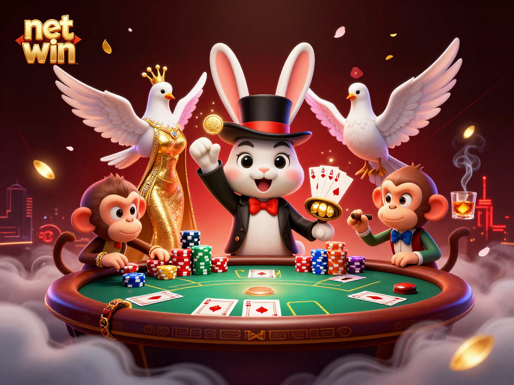 Win big with net win as the magician rabbit conjures golden coins amidst casino excitement.