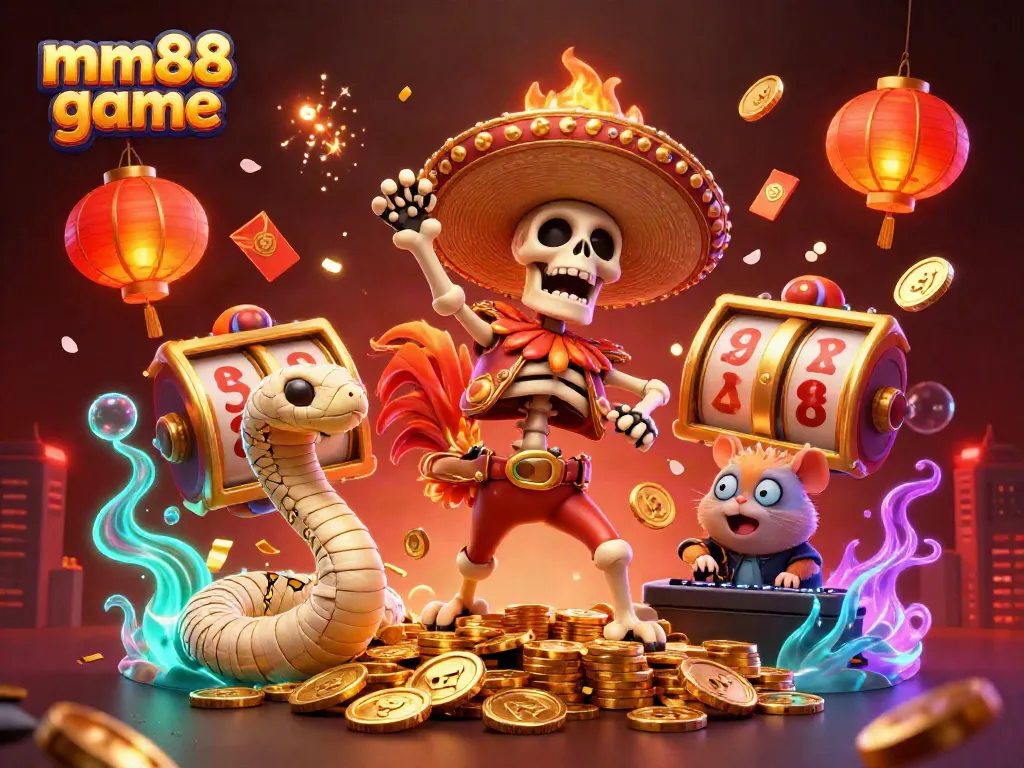 Experience mm88 game excitement with vibrant 3D characters celebrating on golden coins, surrounded by colorful casino elements.