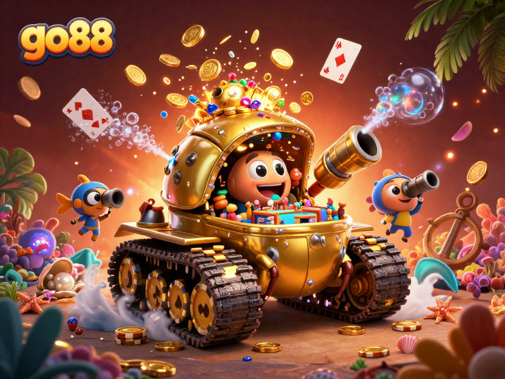 Engage with go88's thrilling casino adventure featuring a vibrant beetle tank and treasure elements.