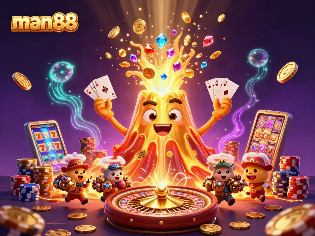 Win big with man88 in an exciting 3D casino scene filled with treasures and gaming action.