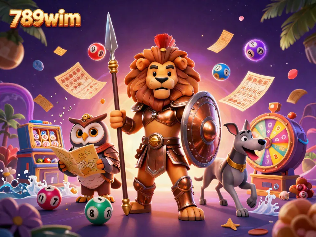 Experience action with 789wim as the Spartan lion leads a vibrant casino scene full of lottery excitement and prizes.