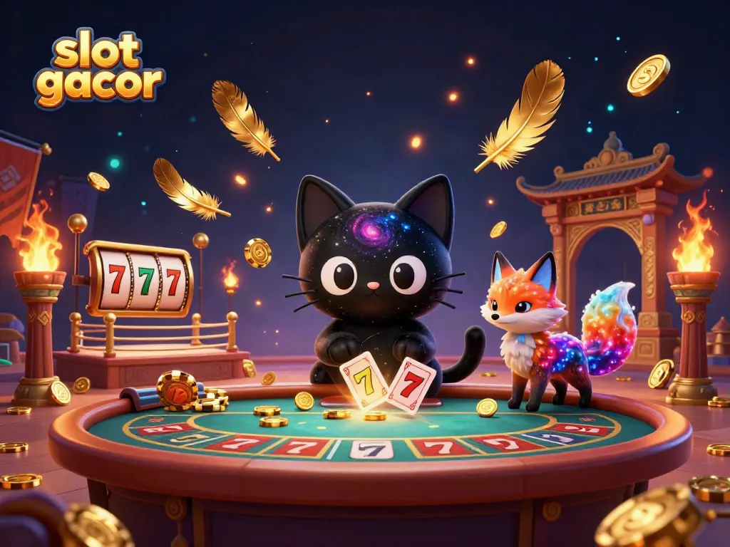 Engage with the thrilling slot gacor scene featuring a cosmic black hole cat and vibrant nebula fox amidst swirling golden elements.