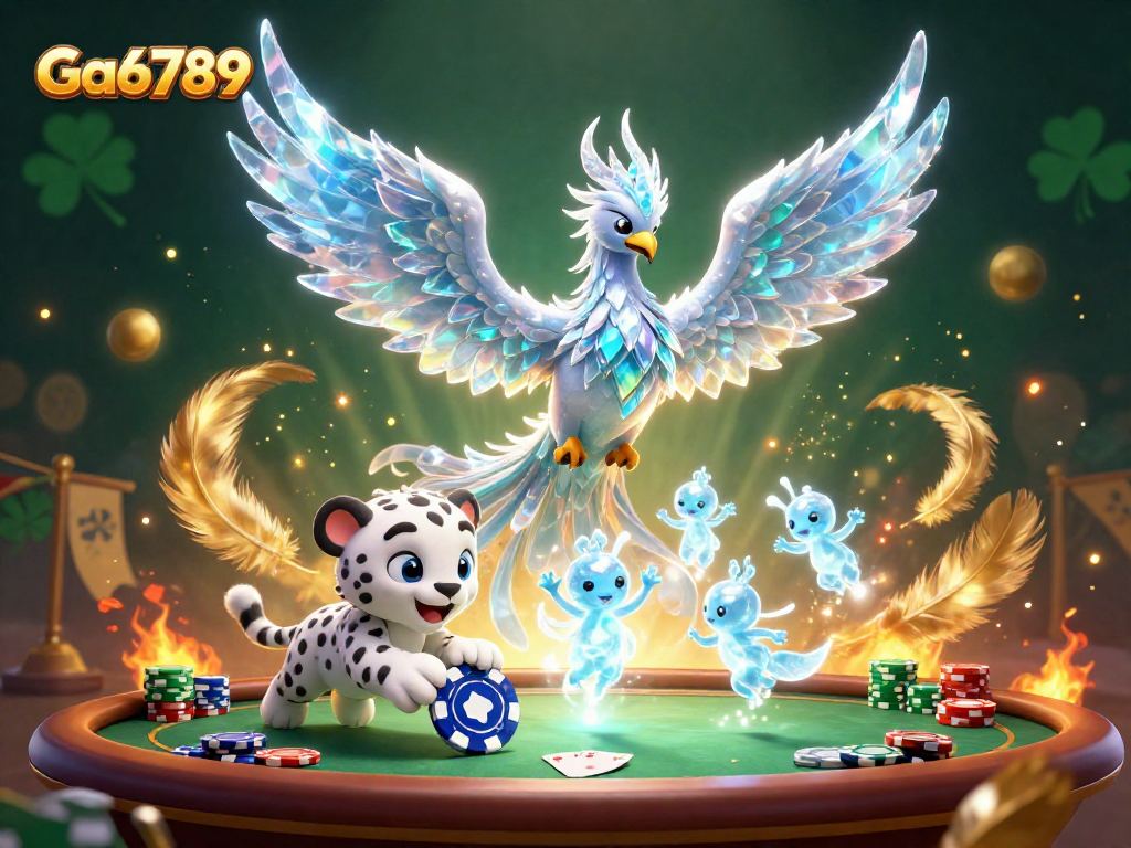 Experience Ga6789 with an engaging poker scene featuring a magical ice phoenix and playful elements.
