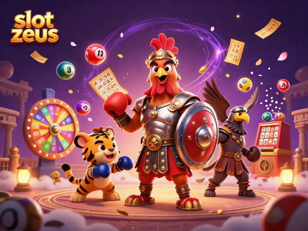 Memenangkan jackpot besar di slot zeus dengan petarung berani dan simbol kasino berkilauan.