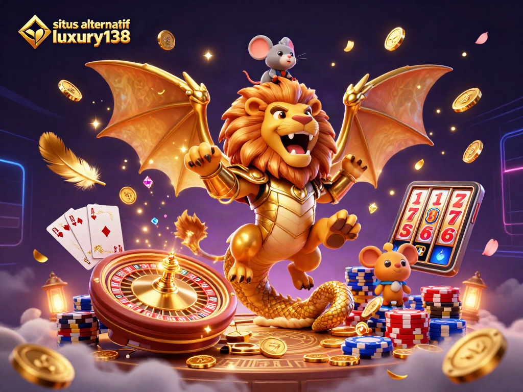 ilustrasi 3D situs alternatif luxury138 dengan chimera emas dan banyak elemen kasino