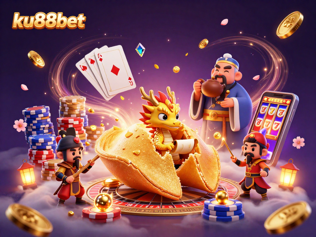 Win big at ku88bet with a vibrant 3D casino scene featuring fortune cookies and golden casino elements.