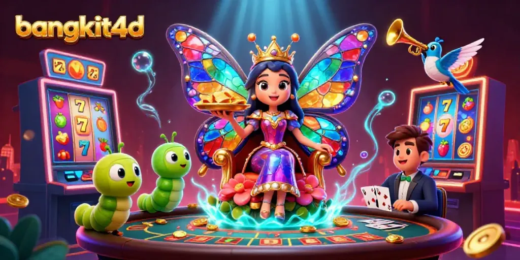 bangkit4d menghadirkan ilustrasi 3D meriah dengan ratu kupu-kupu dan mesin slot penuh keberuntungan.