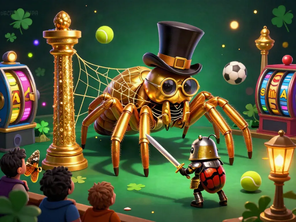 Engage with slot gacor as illustrated by a golden tarantula weaving in a vibrant casino setting.