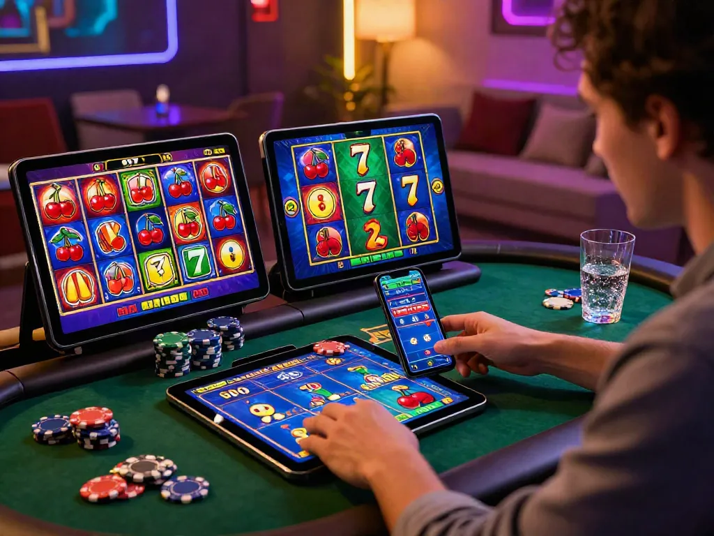 Engaging player enjoying slot game on a tablet in a modern home setting.