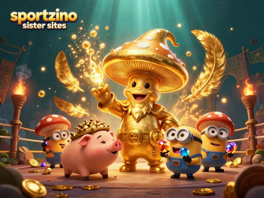 Play at sportzino sister sites with a golden mushroom wizard, treasure, and casino magic