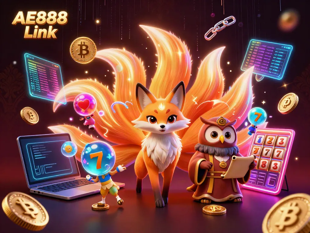 Experience the thrill of the casino with the AE888 Link featuring a vibrant nine-tailed fox and wise owl.