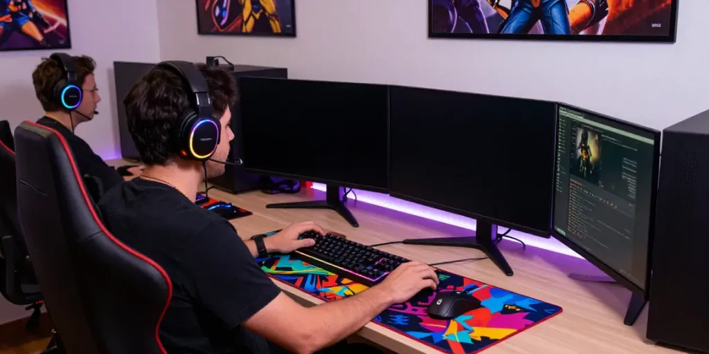 Gamer immersed in a dynamic online gaming session with akunjp accessories.