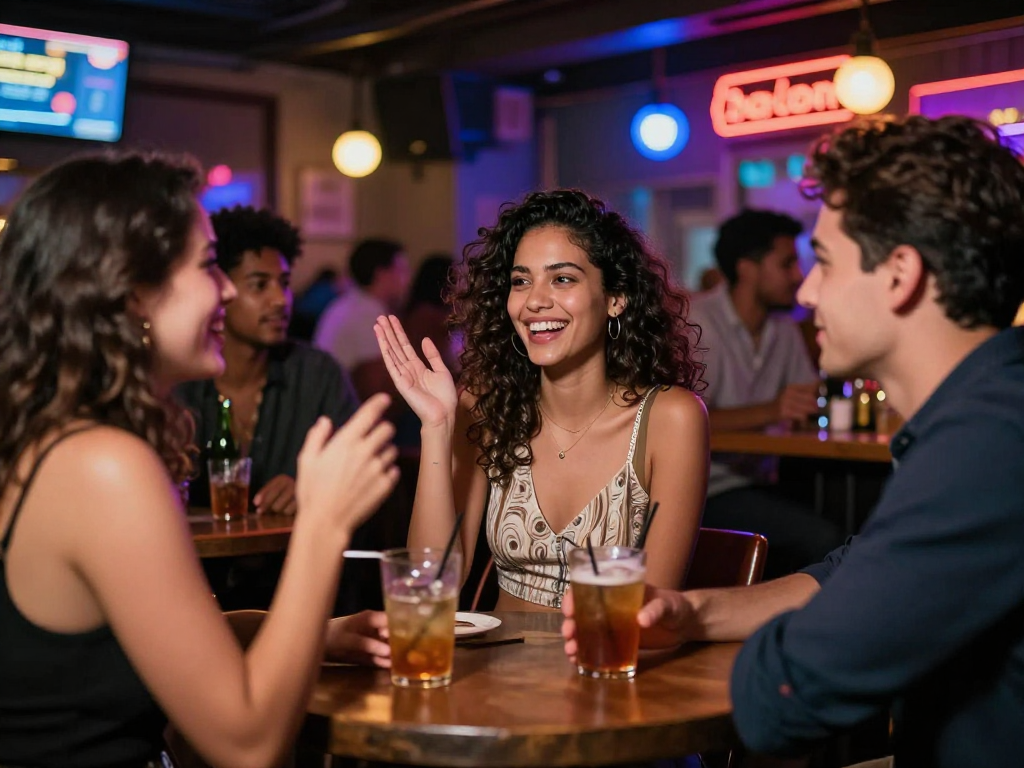 Nhóm bạn trẻ tận hưởng buổi tối vui vẻ trong quán bar với gái gọi.