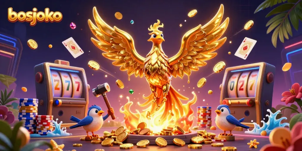 Watch bosjoko's golden phoenix soar, surrounded by sparkling casino treasures and vibrant game elements.