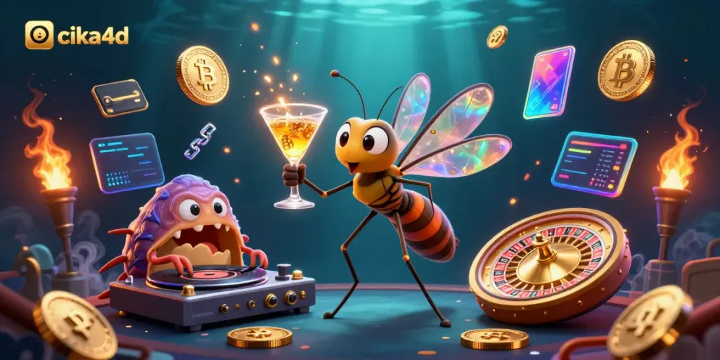Engage with cika4d’s vibrant casino scene featuring a unique frozen mosquito mascot and energetic trilobite DJ.