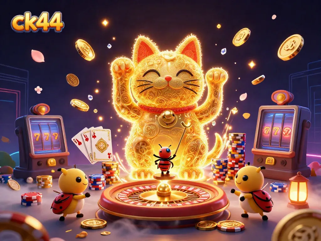 Engage with ck44's vibrant 3D casino illustration, showcasing lucky symbols and coins.