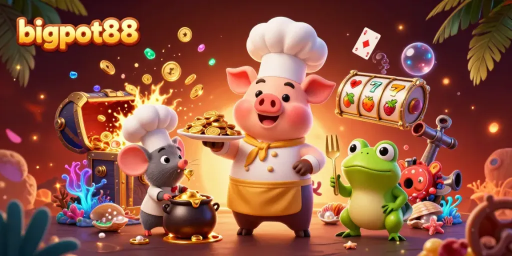 Bigpot88 menghadirkan kasino virtual dengan karakter ceria dan simbol slot yang menarik.