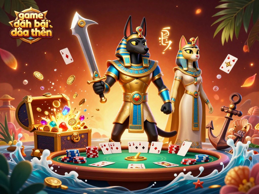Engage with game đánh bài đổi thưởng featuring Anubis and Bastet amidst vibrant casino elements.