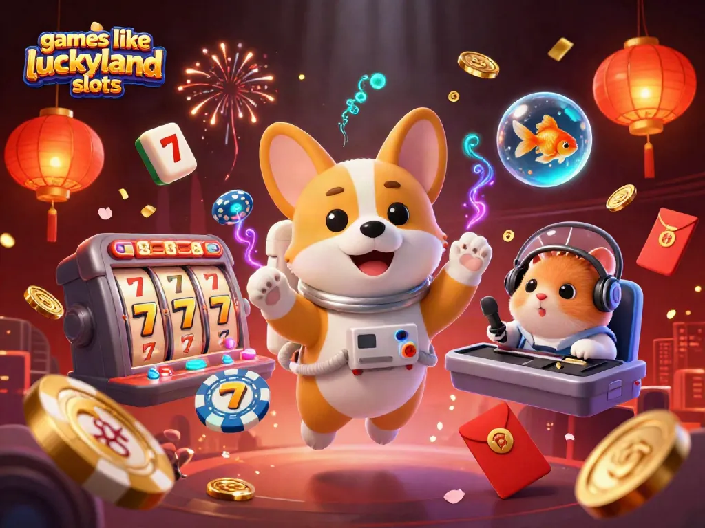 Experience exciting games like LuckyLand Slots in a vibrant 3D casino scene filled with playful characters.