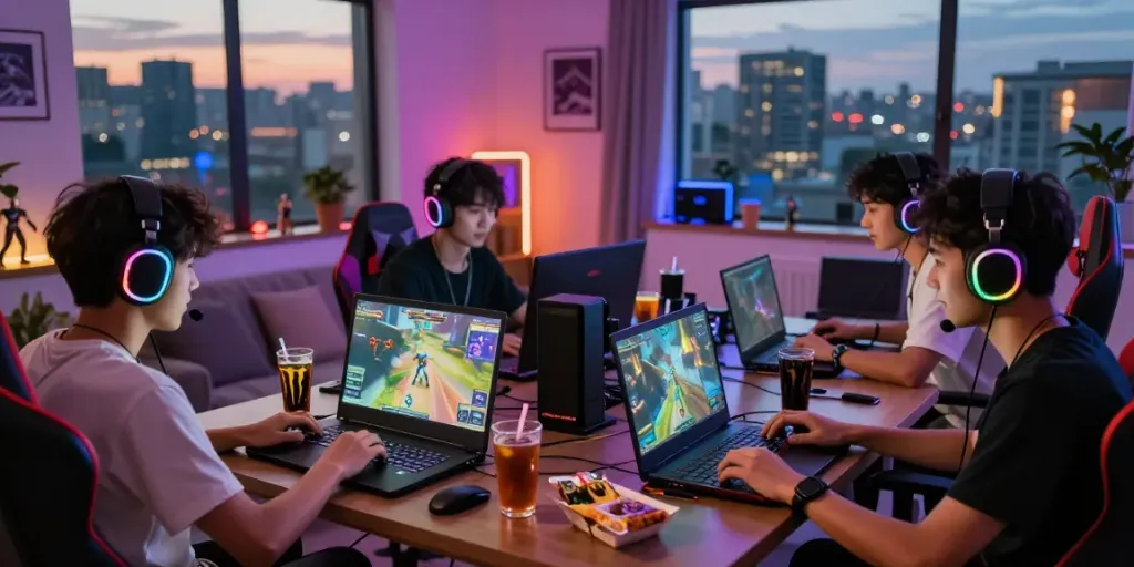 Friends gaming together in a vibrant setting, showcasing the energy of qqmacan gaming culture.