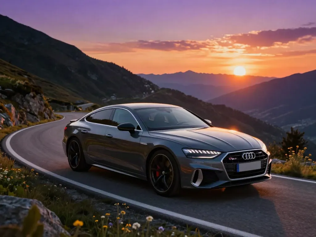 A80 platform sports car navigating a scenic mountain road during sunset, showcasing performance and style.