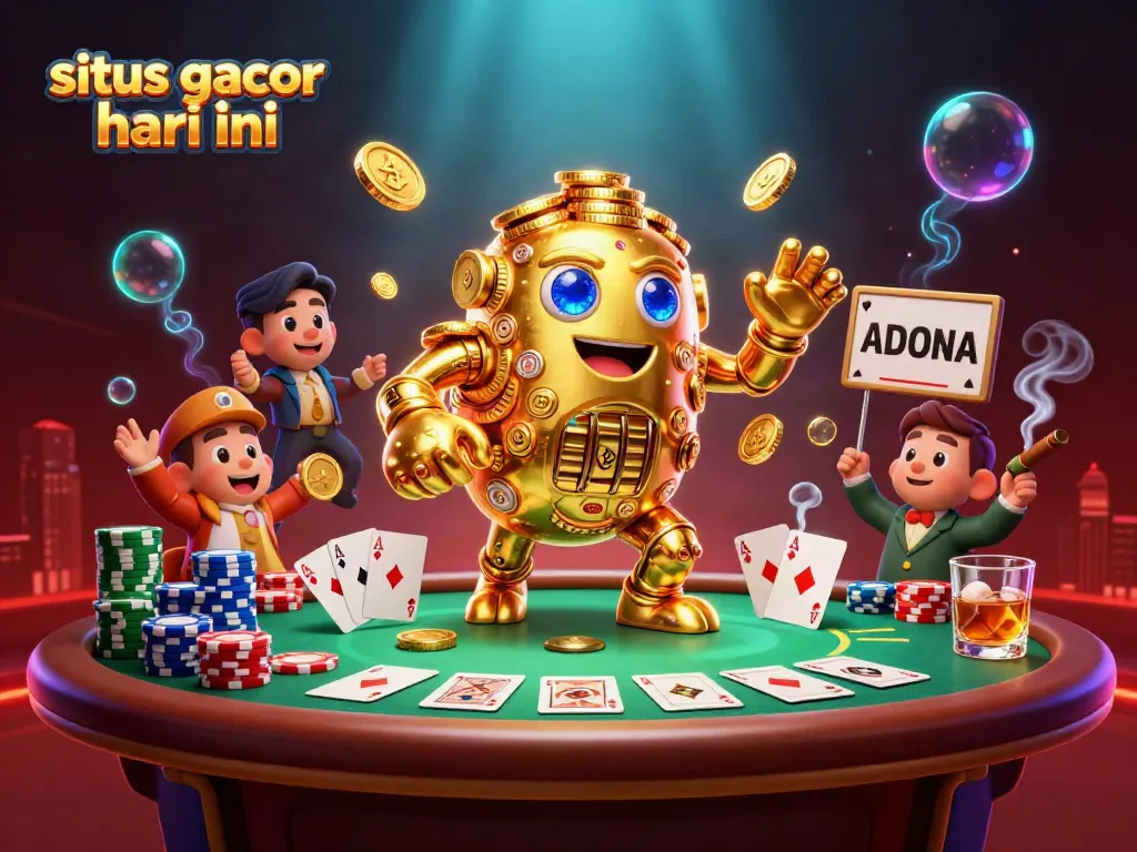 Permainan slot gacor hari ini dengan simbol mesin slot pada golem emas, dikelilingi chip poker.