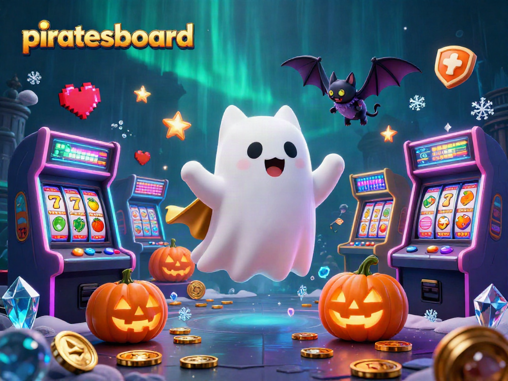 Experience piratesboard magic with a ghost cat and glowing jack-o-lanterns in a haunted casino