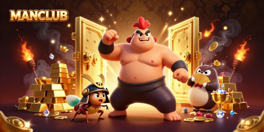 Experience MANCLUB's thrilling gaming scene with vibrant characters and treasure-filled dynamics.