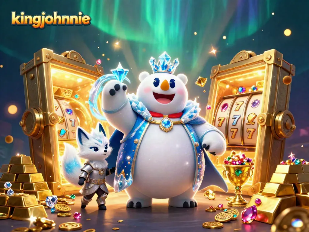 kingjohnnie showcases a playful polar bear and armored fox amid golden slots and jewels