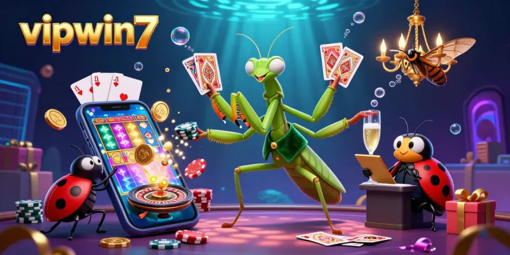 Experience winning with vipwin7 in this vibrant 3D casino illustration showcasing exciting game elements.