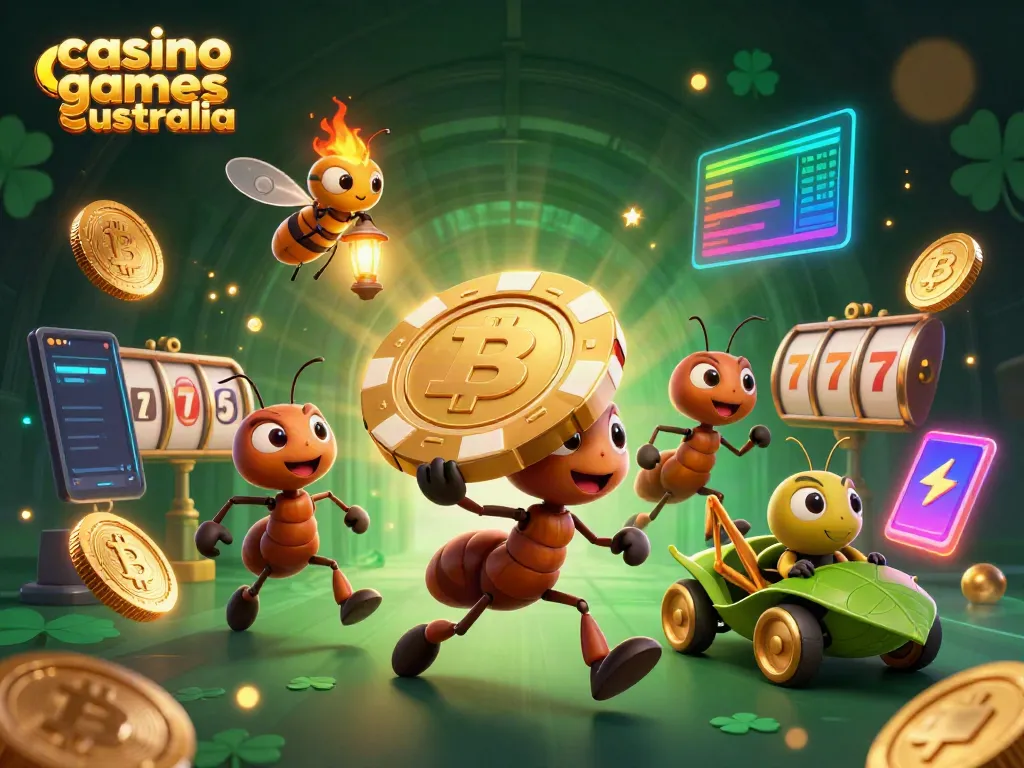 Engaging scene featuring ants in a heist theme with casino games Australia elements, showcasing a dynamic casino adventure.