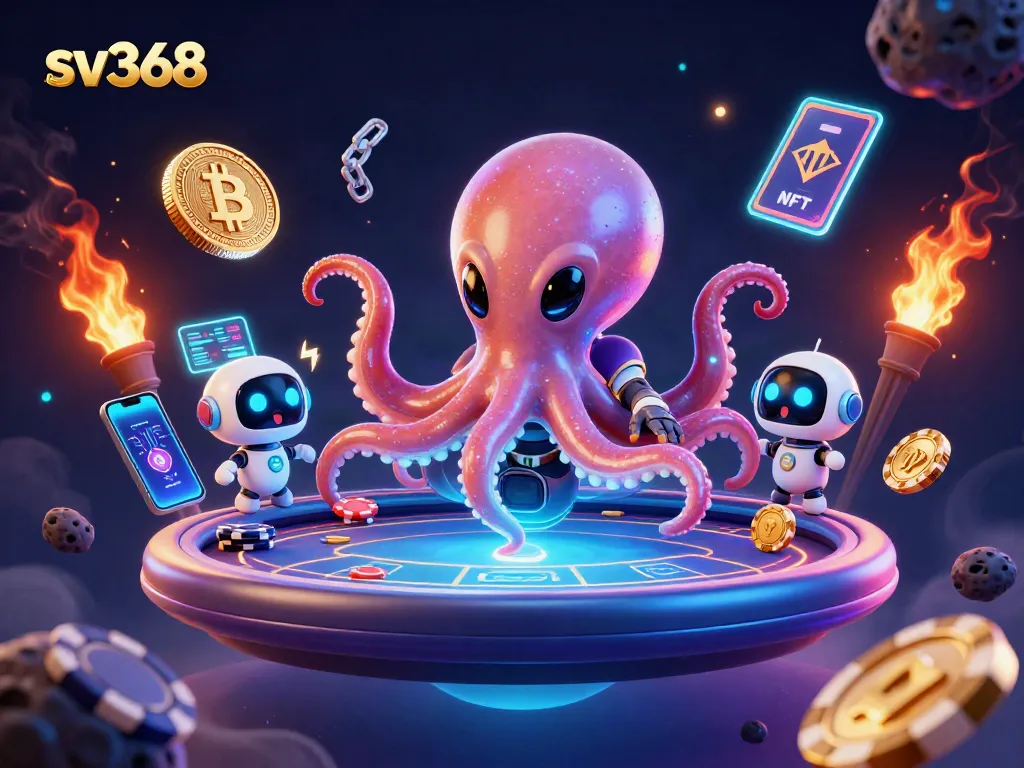 Engage with sv368 gaming, featuring a vibrant alien octopus at a holographic poker table amidst crypto elements.