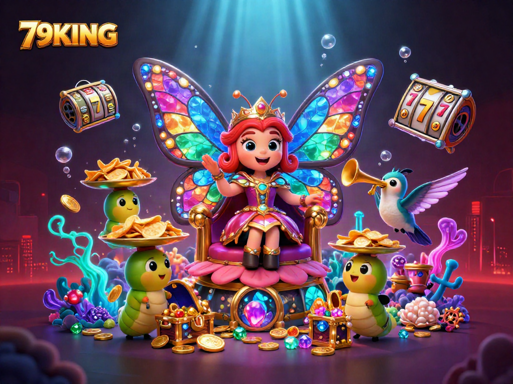 Play at 79KING and immerse in casino magic with vibrant characters and slot elements.
