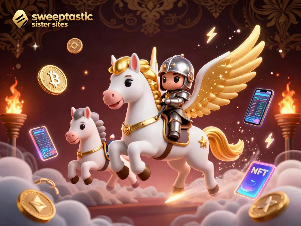 Experience the magic of sweeptastic sister sites with a celestial horse and knight in a vibrant casino scene.