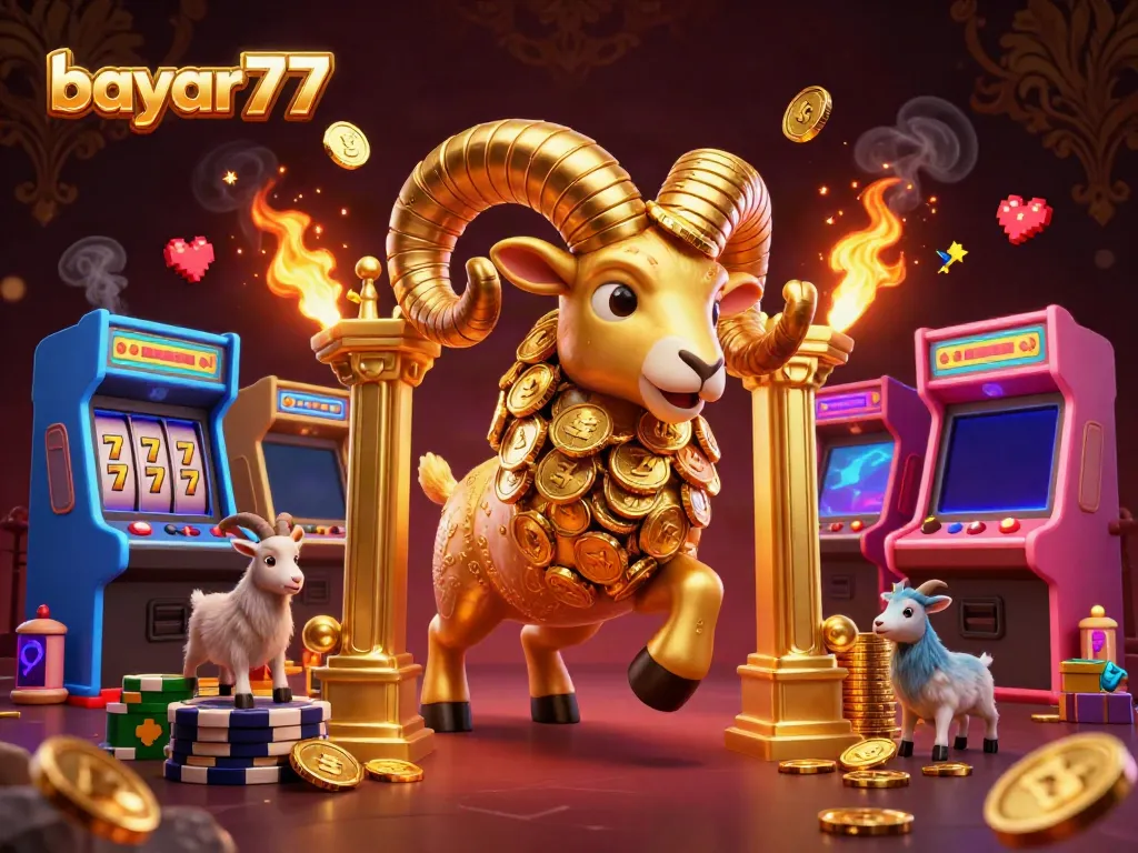 Engage with bayar77 in a vibrant 3D casino scene featuring lively arcade machines and a golden ram