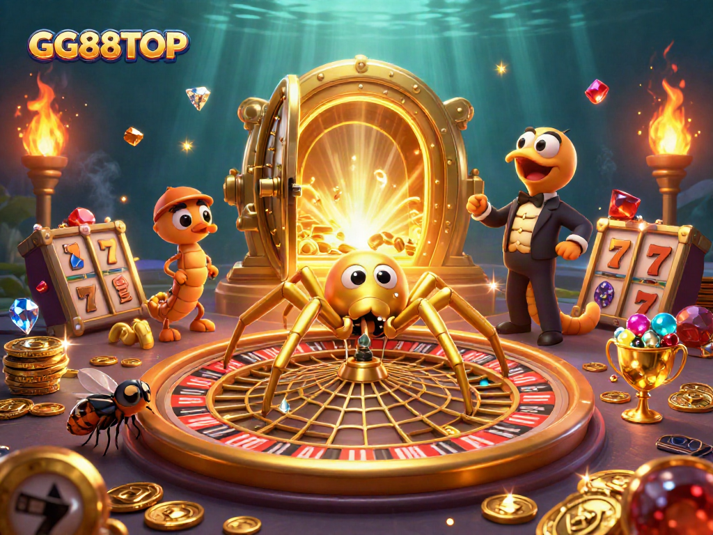 Bet on excitement with GG88TOP as a golden spider spins a roulette web in a vibrant casino.