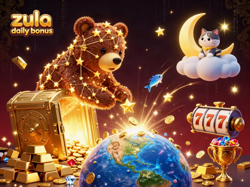 Claim your zula casino daily bonus with a vibrant 3D illustration featuring cosmic characters and gold coins.