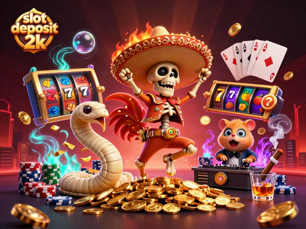 Experience winning thrills with slot deposit 2k in a vibrant casino scene filled with characters and slot elements.