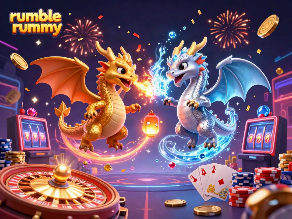 Engage in the thrilling world of rumble rummy with soaring dragons, coins, and festive casino elements.