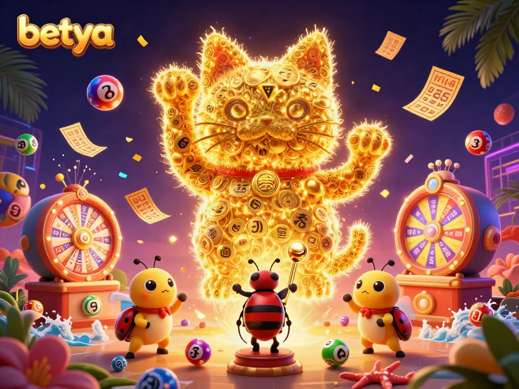 Experience the magic of betya as golden fireflies and a lucky cat illuminate vibrant casino elements.