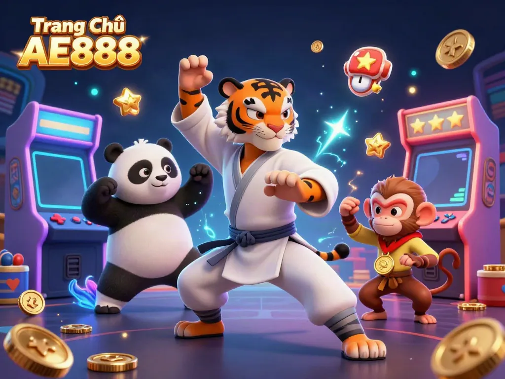 Engage with Trang Chủ AE888 in a vibrant casino scene featuring a kung fu tiger master and playful characters.
